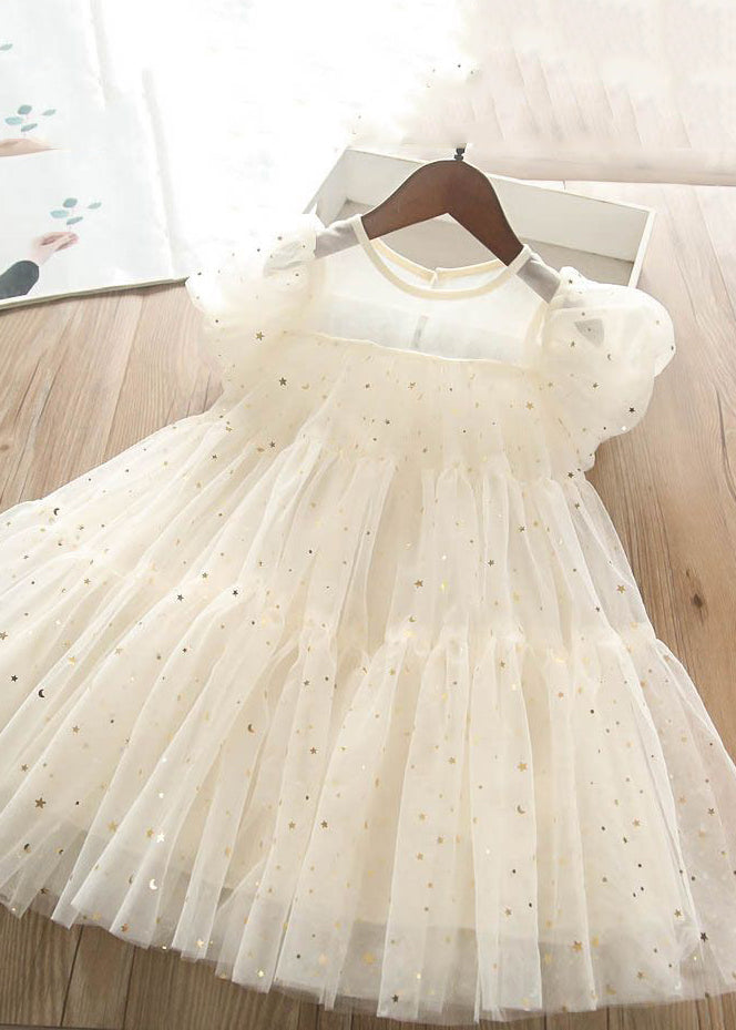 Light Green O-neck Sequins Tulle Kids Long Dress Short Sleeve Ew010
