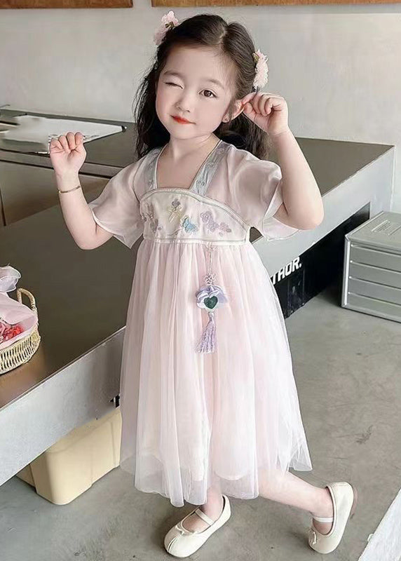 Light Pink Square Collar Embroideried Patchwork Tulle Kids Long Dresses Summer Mn011