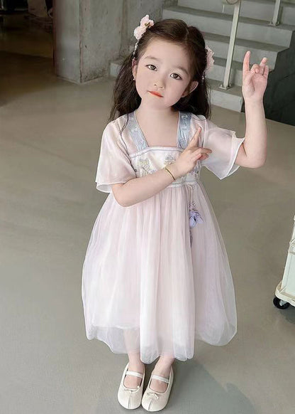 Light Pink Square Collar Embroideried Patchwork Tulle Kids Long Dresses Summer Mn011