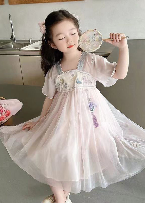 Light Pink Square Collar Embroideried Patchwork Tulle Kids Long Dresses Summer Mn011