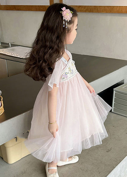 Light Pink Square Collar Embroideried Patchwork Tulle Kids Long Dresses Summer Mn011