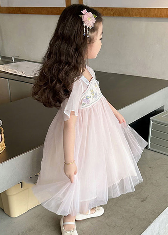 Light Pink Square Collar Embroideried Patchwork Tulle Kids Long Dresses Summer Mn011