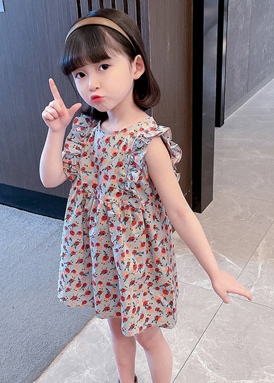 O-neck Ruffled Print Kids Maxi Dress Summer Ss1035