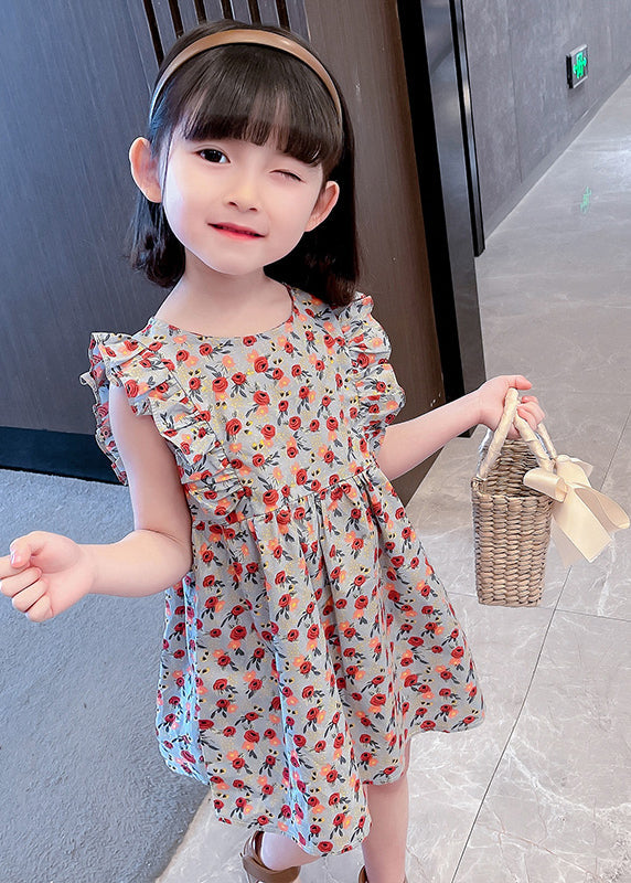 O-neck Ruffled Print Kids Maxi Dress Summer Ss1035