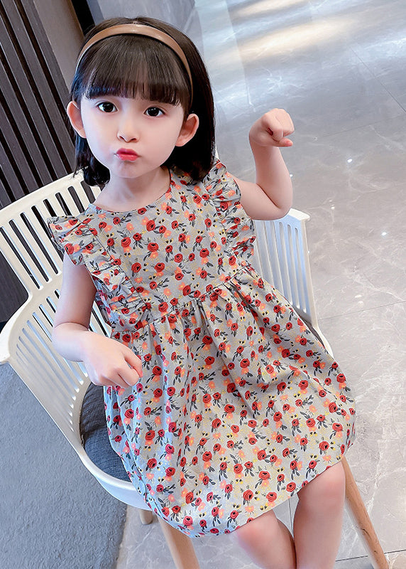 O-neck Ruffled Print Kids Maxi Dress Summer Ss1035