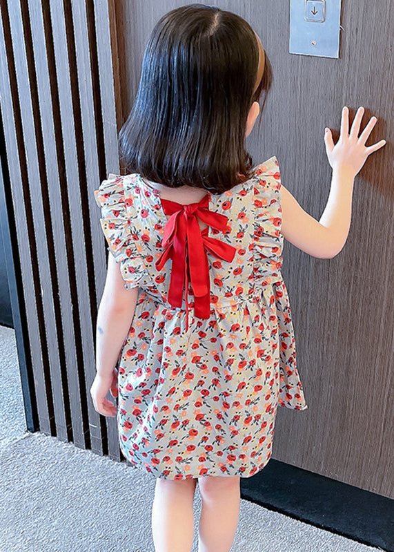 O-neck Ruffled Print Kids Maxi Dress Summer Ss1035