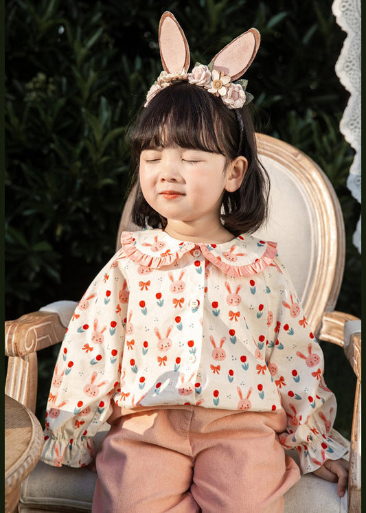 Pink Button Print Cotton Blouses Long Sleeve Yu1059