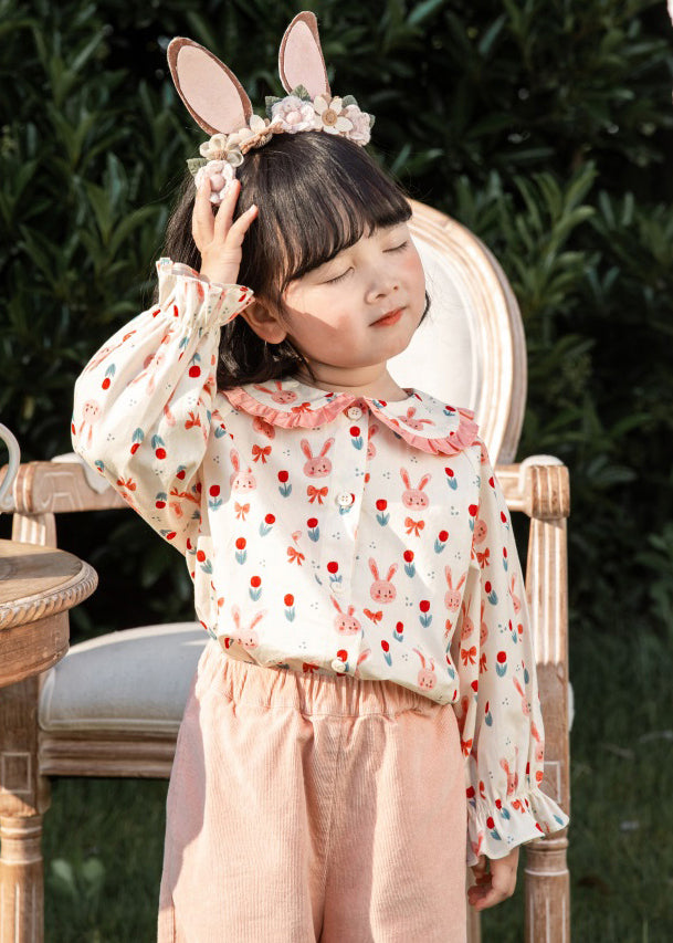 Pink Button Print Cotton Blouses Long Sleeve Yu1059
