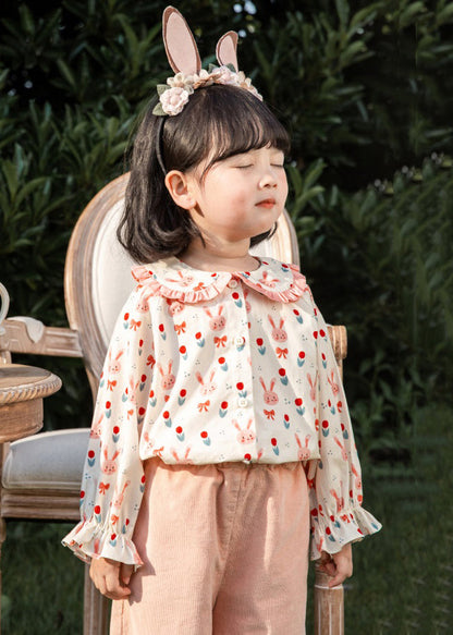 Pink Button Print Cotton Blouses Long Sleeve Yu1059