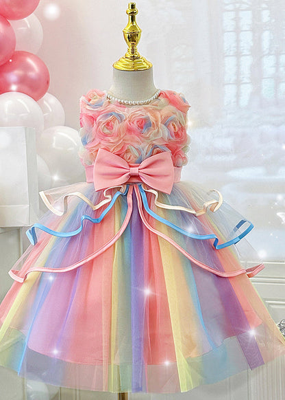 Pink O-neck Bow Tulle Maxi Dresses Summer Ye013
