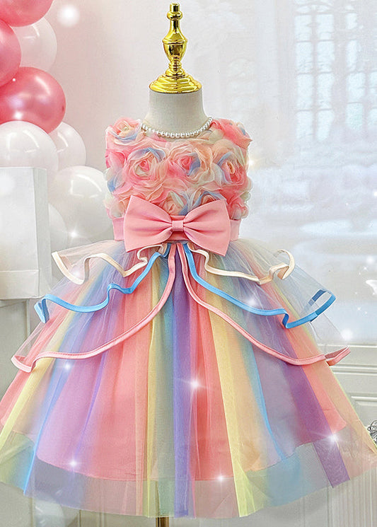 Pink O-neck Bow Tulle Maxi Dresses Summer Ye013