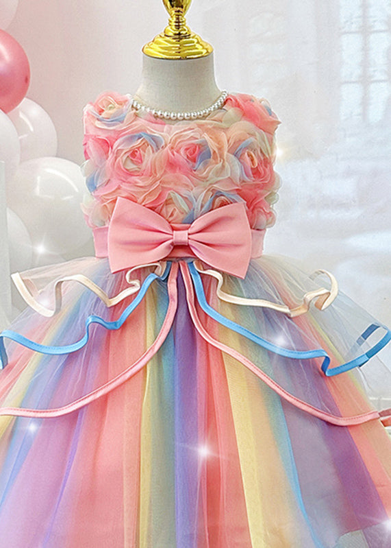 Pink O-neck Bow Tulle Maxi Dresses Summer Ye013