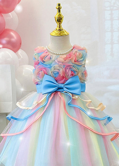 Pink O-neck Bow Tulle Maxi Dresses Summer Ye013