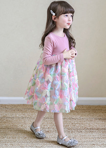 Pink O-neck Print Tulle Long Dresses Spring Tv033