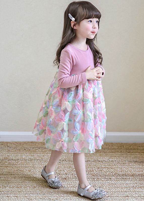 Pink O-neck Print Tulle Long Dresses Spring Tv033