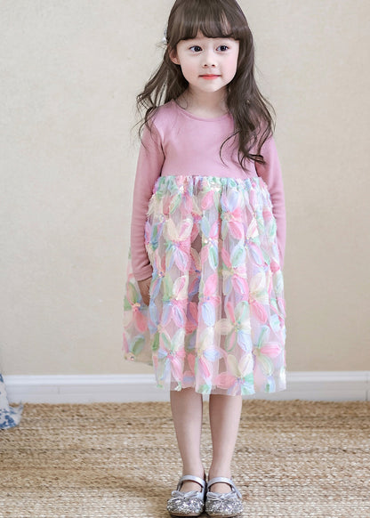 Pink O-neck Print Tulle Long Dresses Spring Tv033
