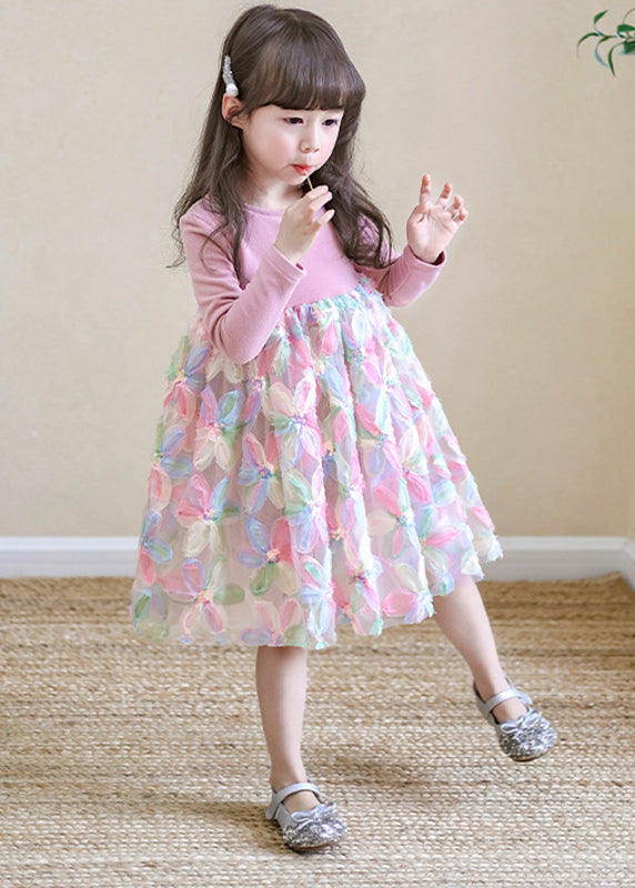 Pink O-neck Print Tulle Long Dresses Spring Tv033