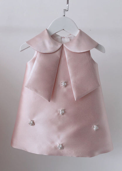 Pink Peter Pan Collar Bow Pearl Zircon Kids Maxi Dress Sleeveless Ys032