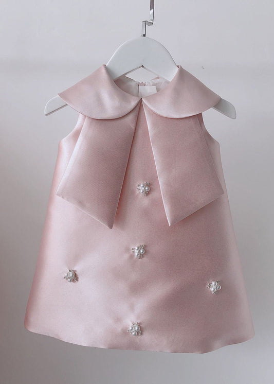 Pink Peter Pan Collar Bow Pearl Zircon Kids Maxi Dress Sleeveless Ys032