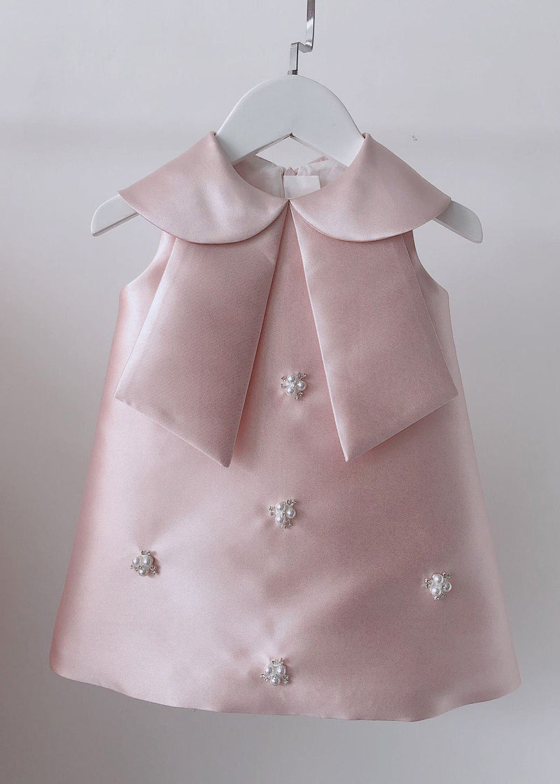 Pink Peter Pan Collar Bow Pearl Zircon Kids Maxi Dress Sleeveless Ys032