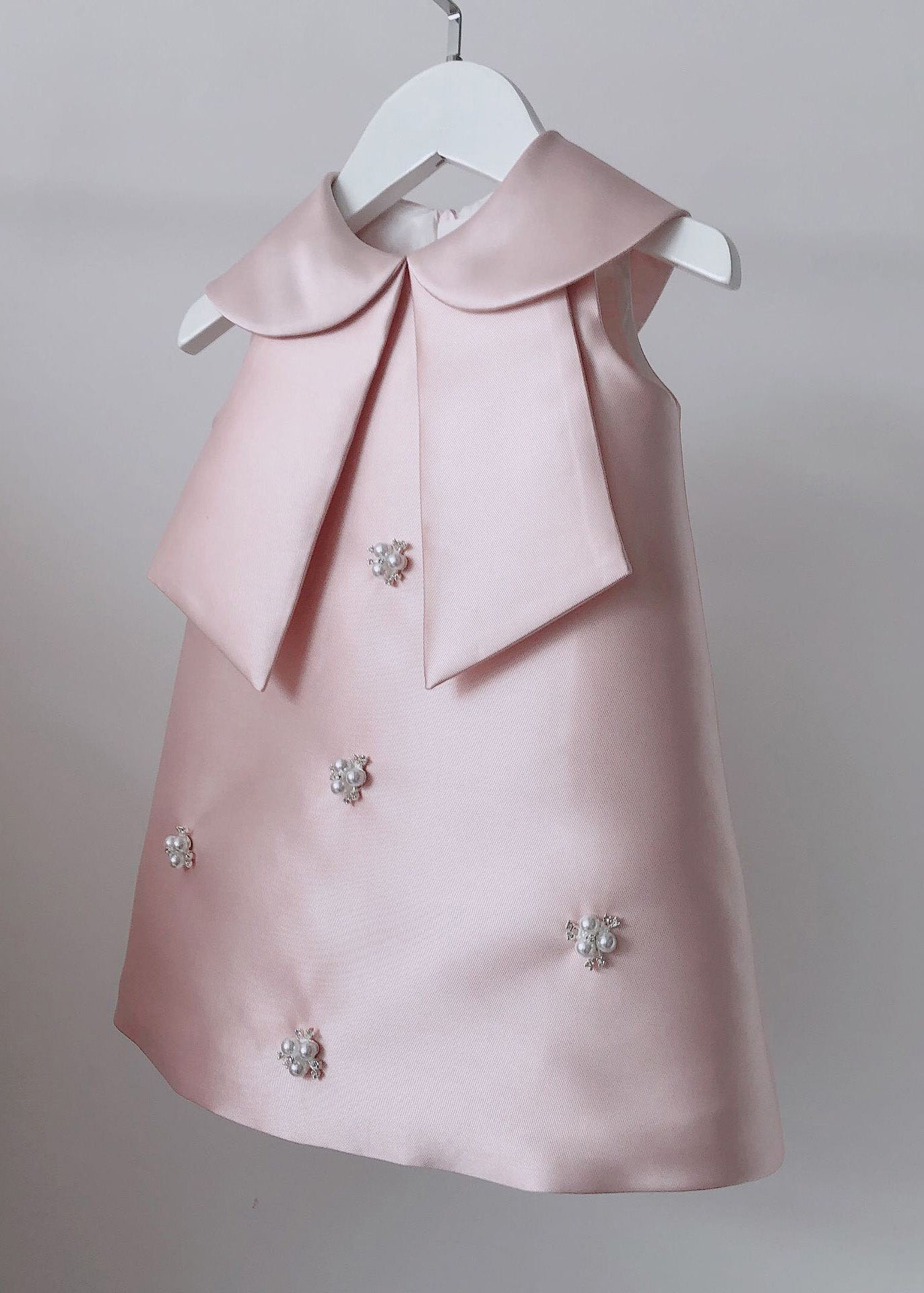 Pink Peter Pan Collar Bow Pearl Zircon Kids Maxi Dress Sleeveless Ys032