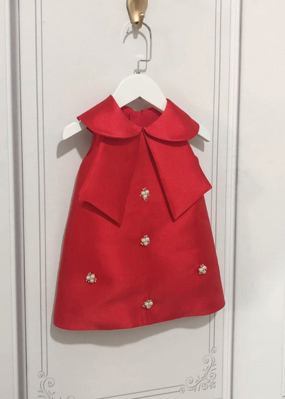 Pink Peter Pan Collar Bow Pearl Zircon Kids Maxi Dress Sleeveless Ys032