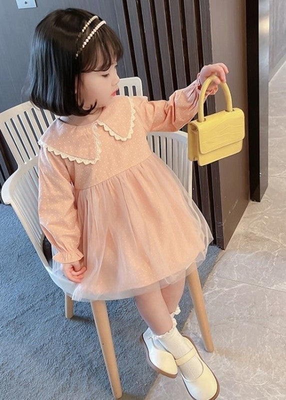 Pink Peter Pan Collar Dot Tulle Patchwork Kids Vacation Maxi Dresses Fall Ss1065