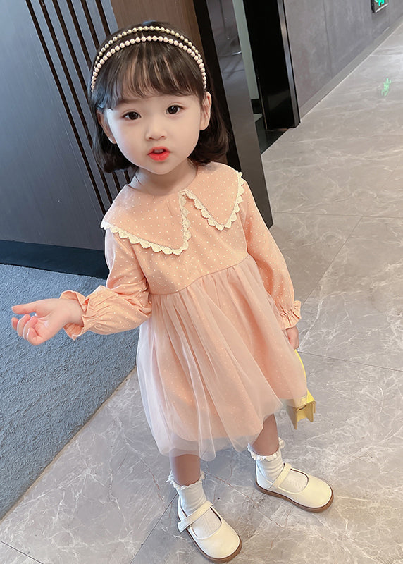 Pink Peter Pan Collar Dot Tulle Patchwork Kids Vacation Maxi Dresses Fall Ss1065