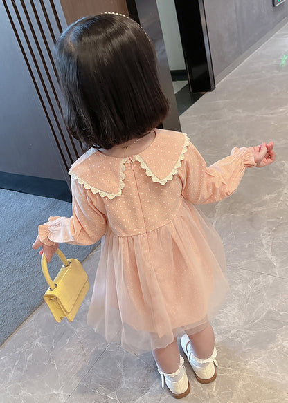 Pink Peter Pan Collar Dot Tulle Patchwork Kids Vacation Maxi Dresses Fall Ss1065