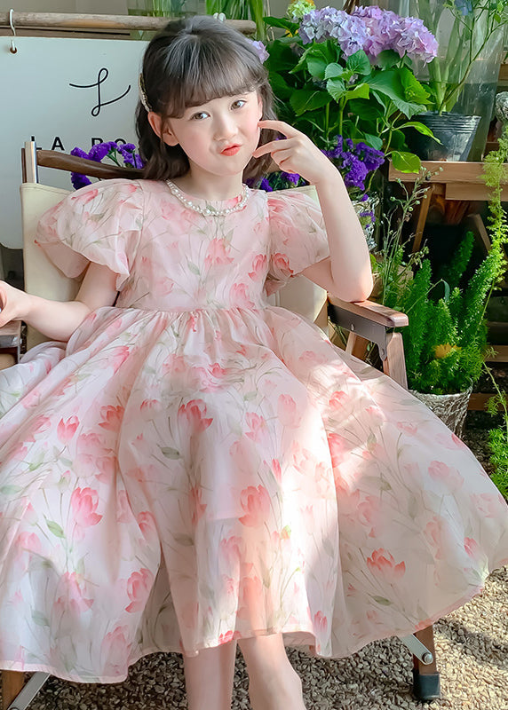 Pink Print Wrinkled Chiffon Long Dress Short Sleeve Xz028
