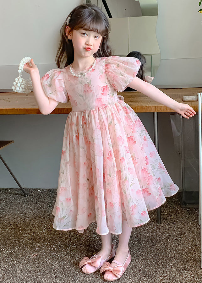 Pink Print Wrinkled Chiffon Long Dress Short Sleeve Xz028