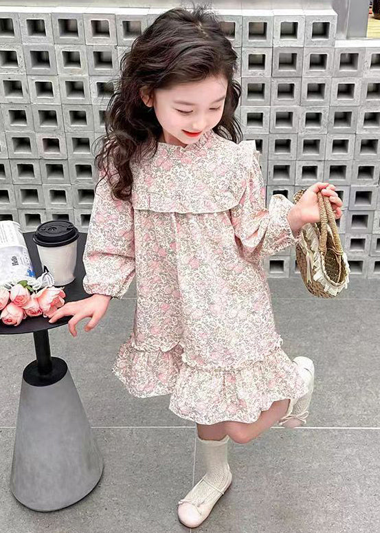 Pink Ruffled Print Cotton Long Dress Fall Xz085