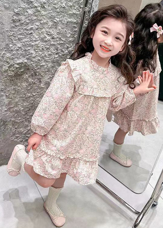Pink Ruffled Print Cotton Long Dress Fall Xz085