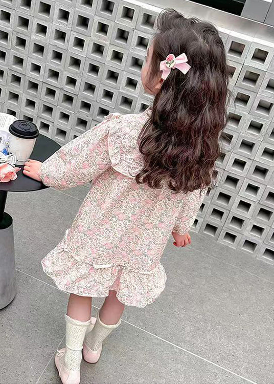 Pink Ruffled Print Cotton Long Dress Fall Xz085