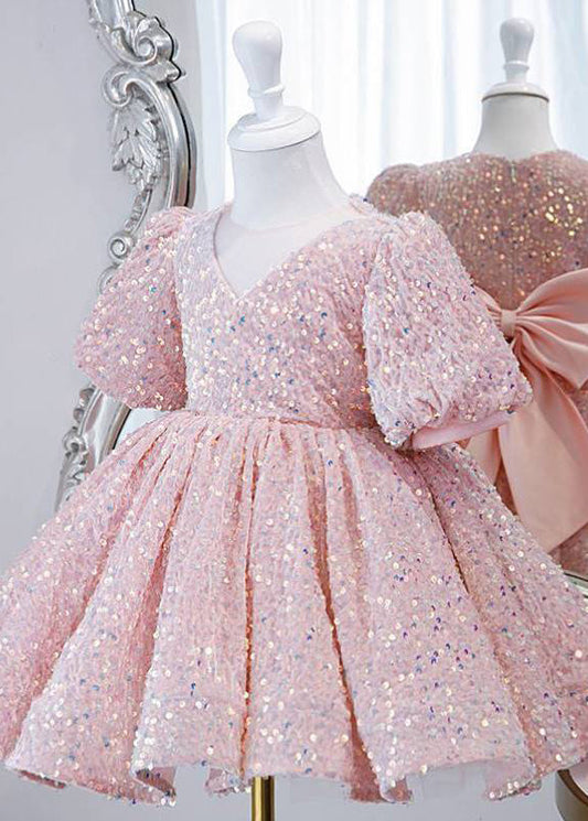 Pink Sequins Tulle Long Dress Lantern Sleeve Ys024