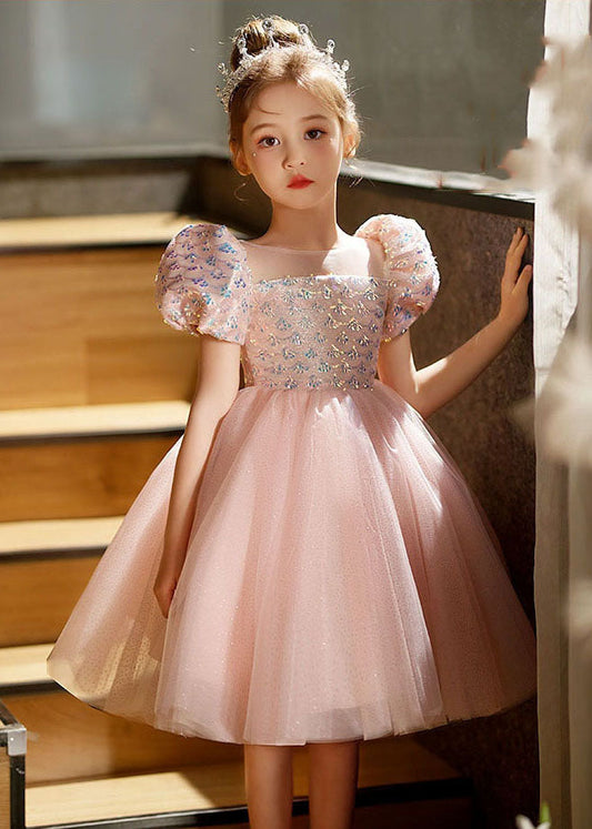Pink Square Collar Patchwork Tulle Kids Long Dresses Short Sleeve Qv016