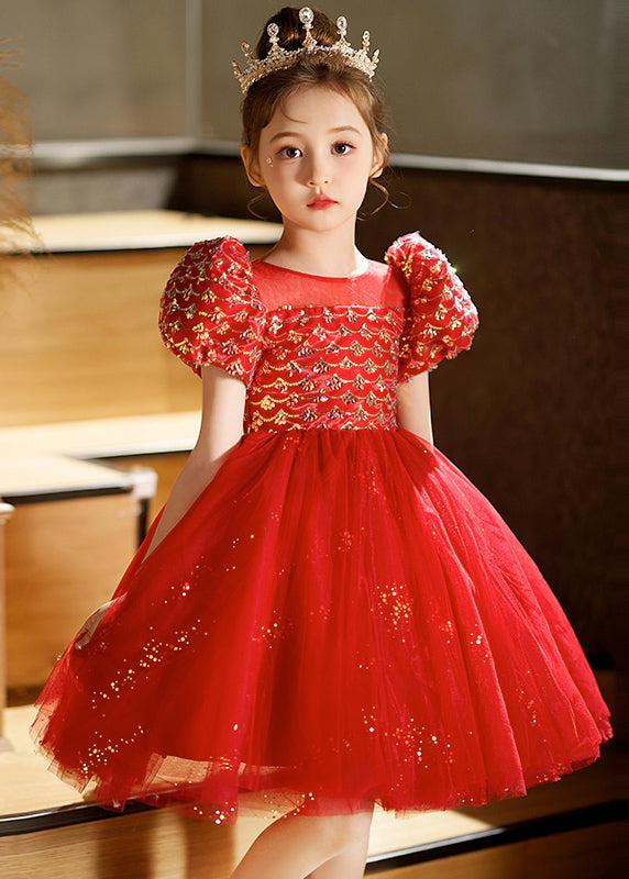Pink Square Collar Patchwork Tulle Kids Long Dresses Short Sleeve Qv016