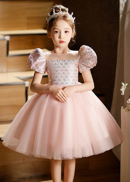 Pink Square Collar Patchwork Tulle Kids Long Dresses Short Sleeve Qv016