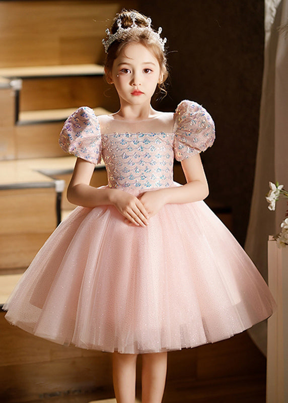 Pink Square Collar Patchwork Tulle Kids Long Dresses Short Sleeve Qv016
