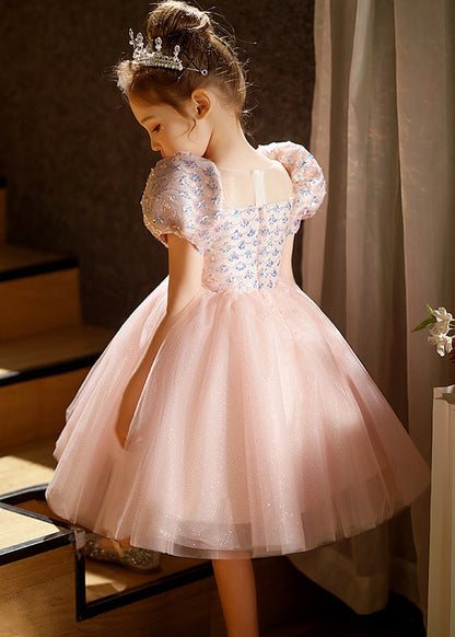 Pink Square Collar Patchwork Tulle Kids Long Dresses Short Sleeve Qv016