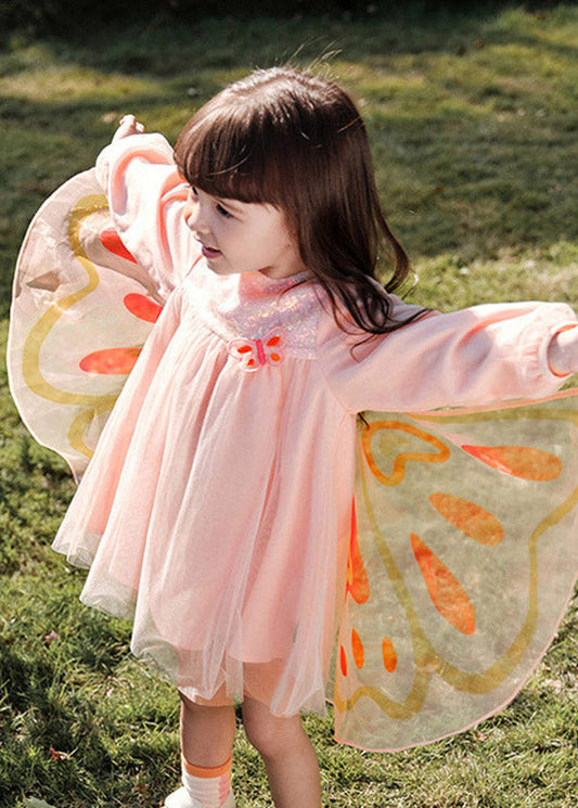Pink Wrinkled Patchwork Butterfly Tulle Holiday Long Dress Spring Tv023