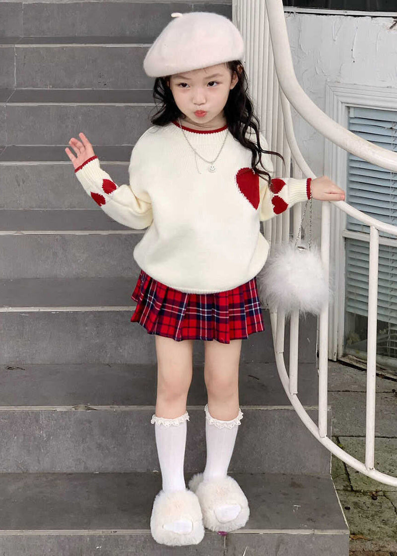 Red Patchwork Kids Cotton Knit Sweaters and Skirts Two Piece Set Spring Tr004