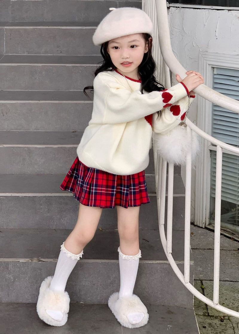 Red Patchwork Kids Cotton Knit Sweaters and Skirts Two Piece Set Spring Tr004