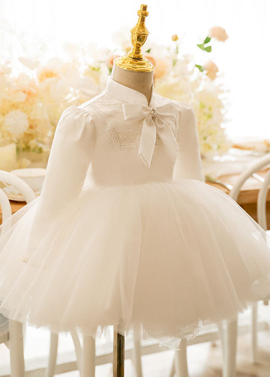 White Stand Collar Bow Tulle Kids Long Dresses Puff Sleeve Ys010