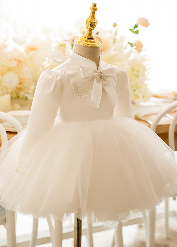 White Stand Collar Bow Tulle Kids Long Dresses Puff Sleeve Ys010