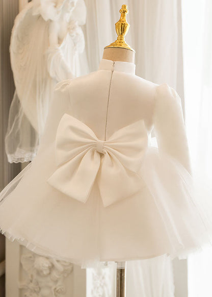White Stand Collar Bow Tulle Kids Long Dresses Puff Sleeve Ys010