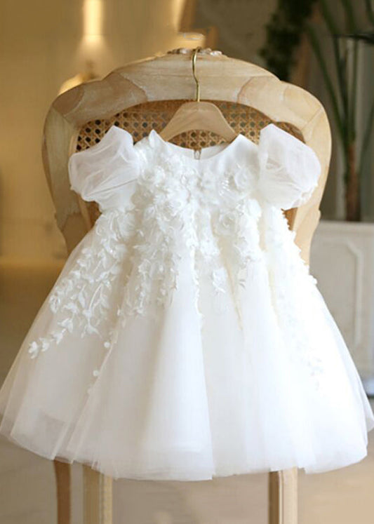 White Stand Collar Tulle Kids Vacation Maxi Dresses Puff Sleeve Ys037