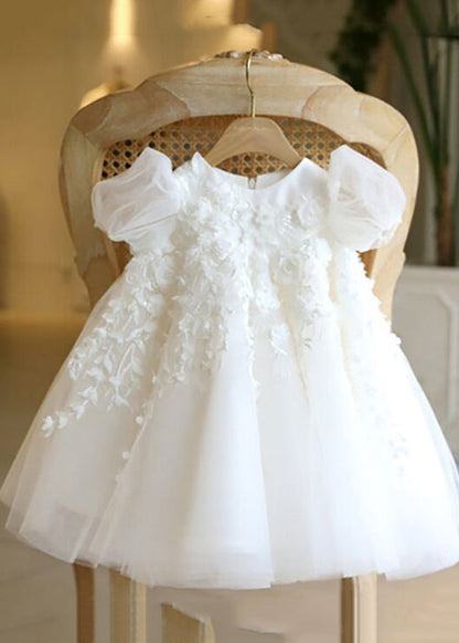 White Stand Collar Tulle Kids Vacation Maxi Dresses Puff Sleeve Ys037