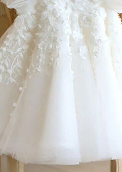 White Stand Collar Tulle Kids Vacation Maxi Dresses Puff Sleeve Ys037