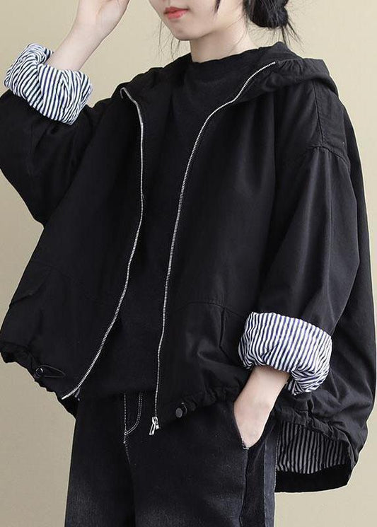 Black Hooded Zippered Winter Cotton Long Sleeve Coat Qs044